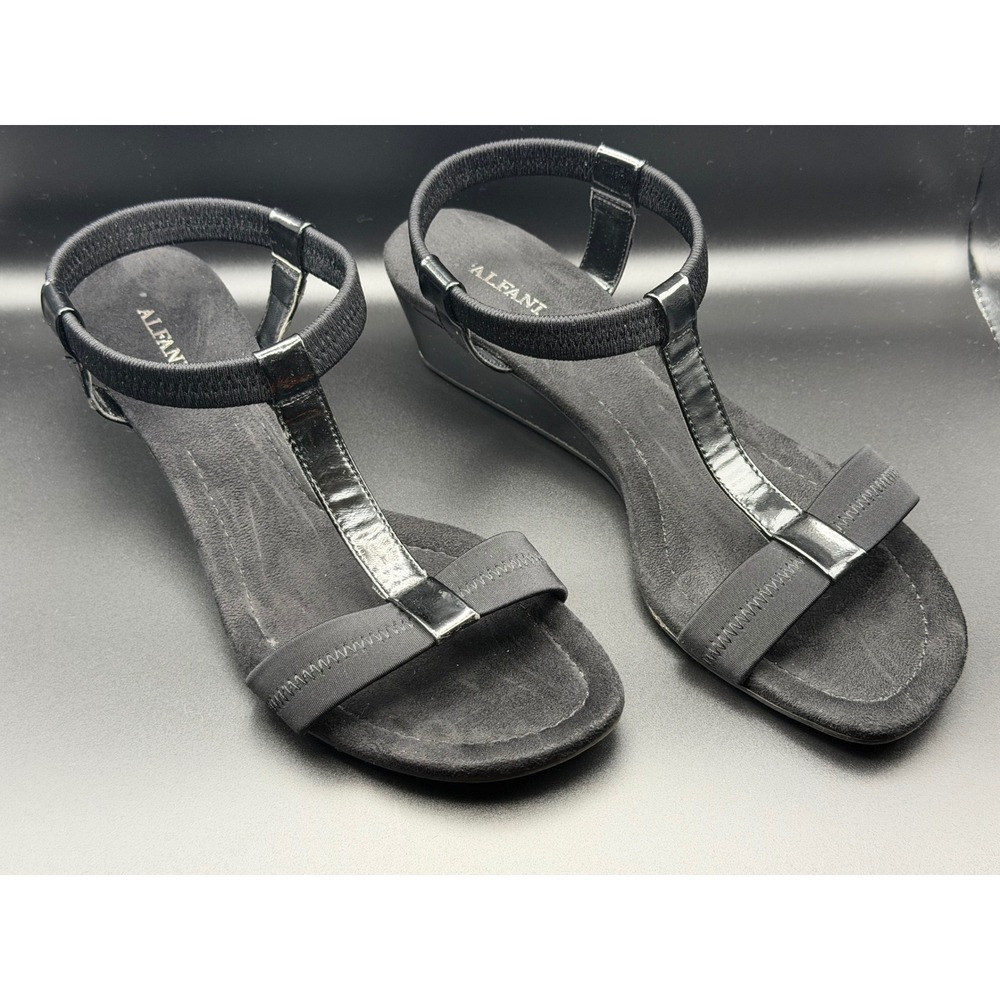 Alfani Womens Black T-Strap Wedge Sandals Elastic Ankle Strap Size 8.5M